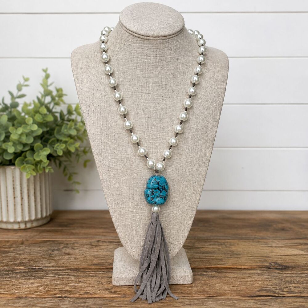 Faux Turquoise & Pearl Statement Necklace Handmade Long Boho Tasseled Jewelry